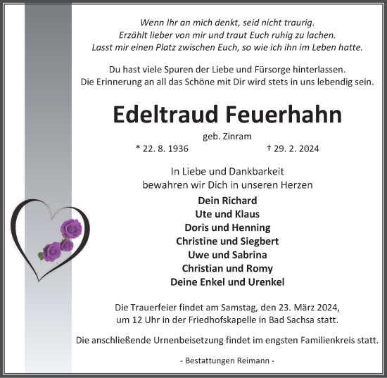 Traueranzeige von Edeltraud Feuerhahn von Harz Kurier