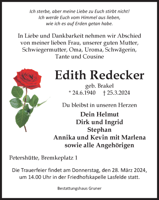 Traueranzeige von Edith Redecker von Harz Kurier