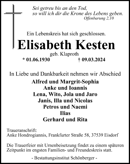 Traueranzeige von Elisabeth Kesten von Harz Kurier