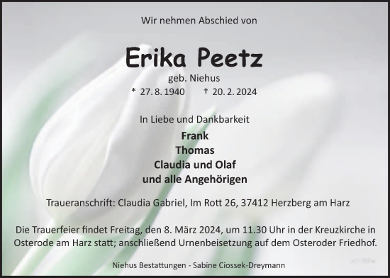 Traueranzeige von Erika Peetz von Harz Kurier