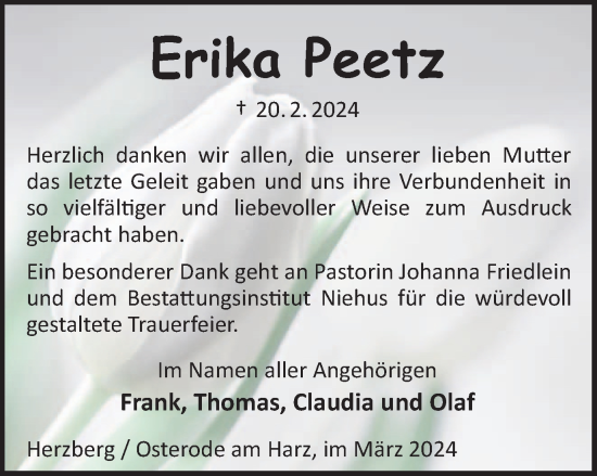 Traueranzeige von Erika Peetz von Harz Kurier