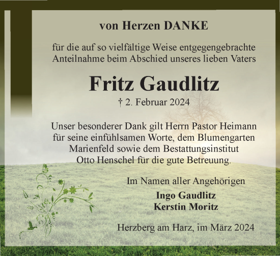 Traueranzeige von Fritz Gaudlitz von Harz Kurier