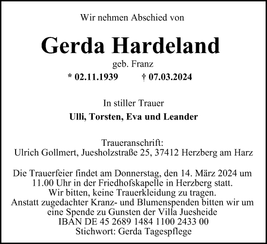 Traueranzeige von Gerda Hardeland von Harz Kurier