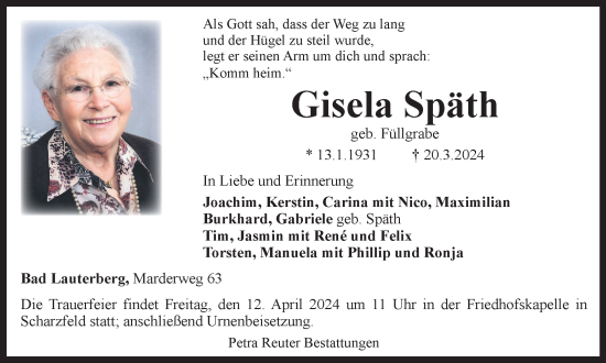 Traueranzeige von Gisela Späth von Harz Kurier