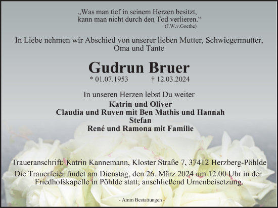 Traueranzeige von Gudrun Bruer von Harz Kurier