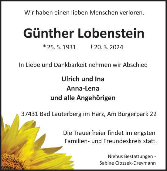 Traueranzeige von Günther Lobenstein von Harz Kurier