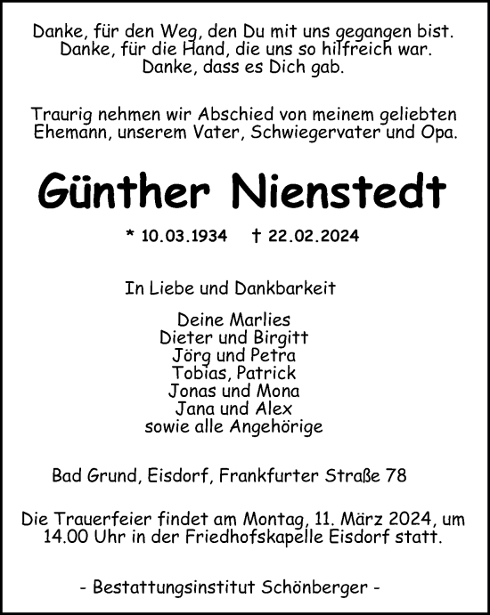 Traueranzeige von Günther Nienstedt von Harz Kurier