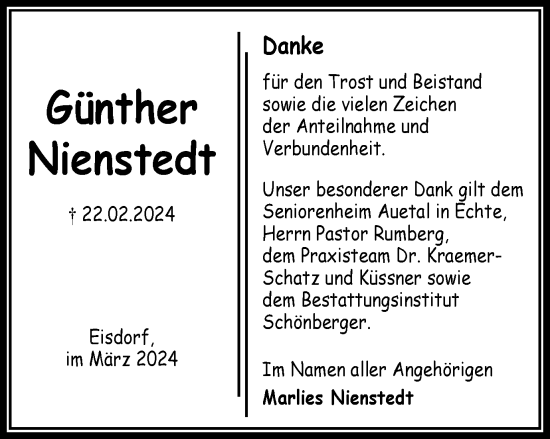 Traueranzeige von Günther Nienstedt von Harz Kurier