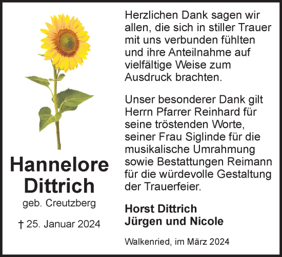 Traueranzeige von Hannelore Dittrich von Harz Kurier