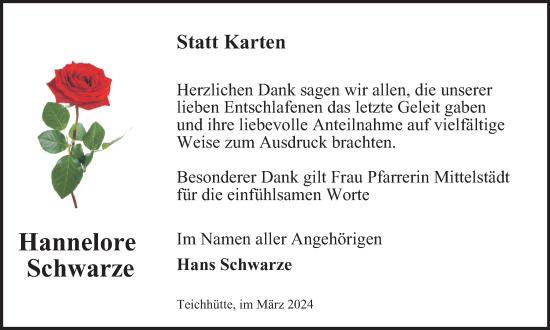 Traueranzeige von Hannelore Schwarze von Harz Kurier