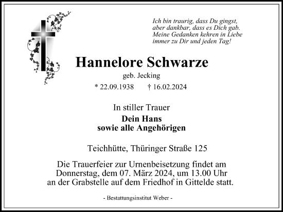 Traueranzeige von Hannelore Schwarze von Harz Kurier