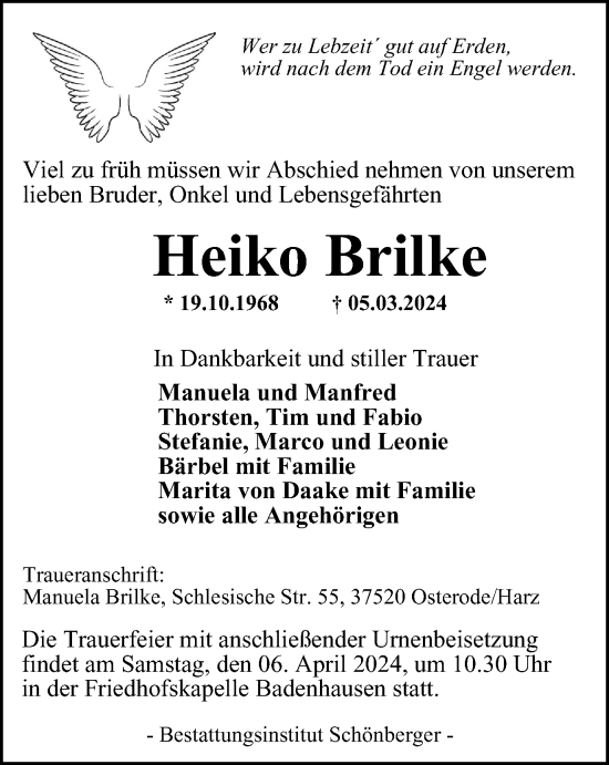 Traueranzeige von Heiko Brilke von Harz Kurier