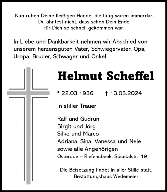 Traueranzeige von Helmut Scheffel von Harz Kurier