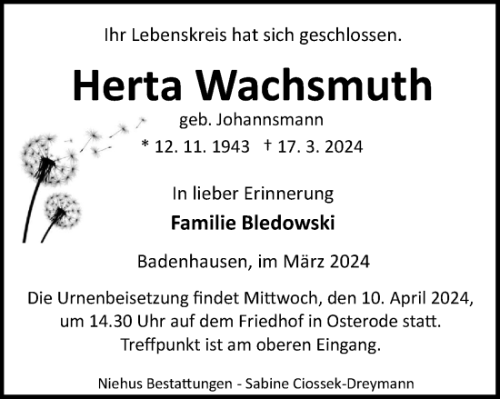 Traueranzeige von Herta Wachsmuth von Harz Kurier