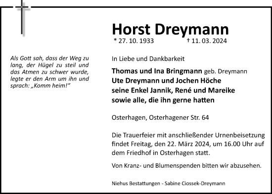 Traueranzeige von Horst Dreymann von Harz Kurier