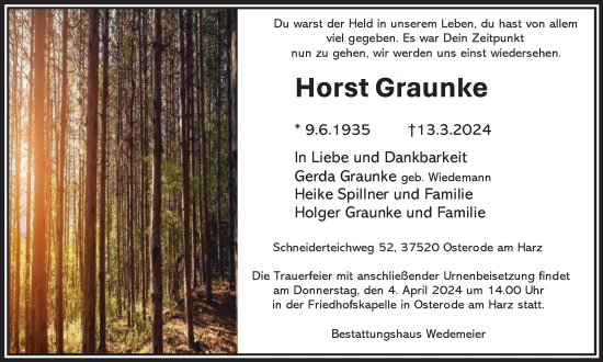 Traueranzeige von Horst Graunke von Harz Kurier