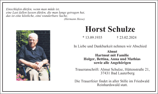 Traueranzeige von Horst Schulze von Harz Kurier