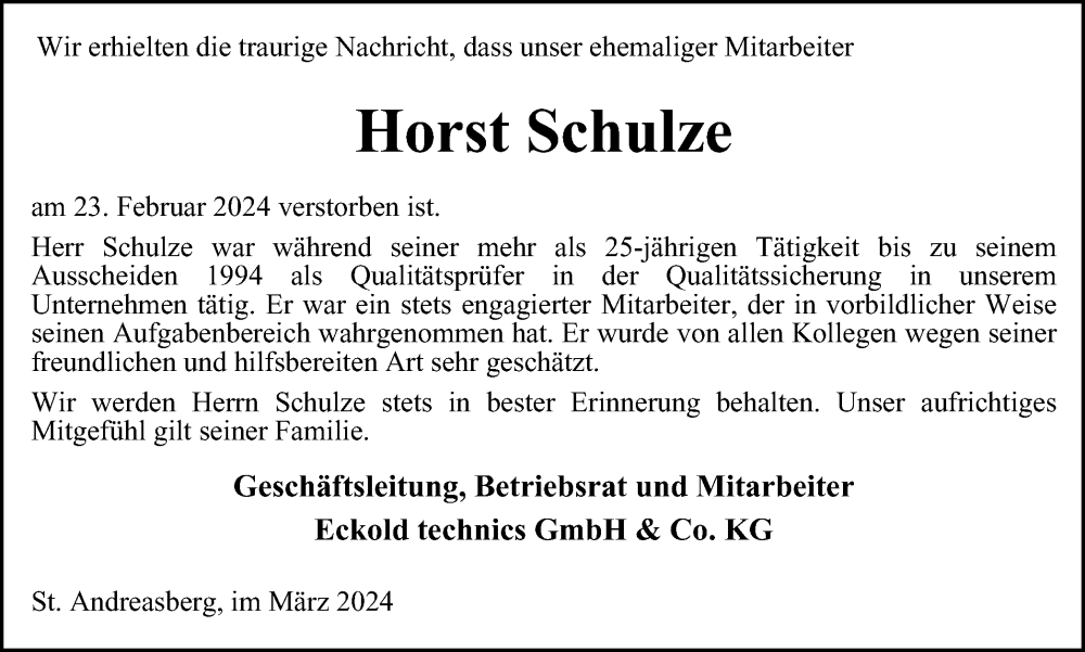  Traueranzeige für Horst Schulze vom 16.03.2024 aus Harz Kurier