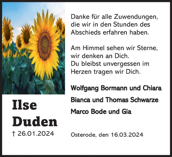 Traueranzeige von Ilse Duden von Harz Kurier