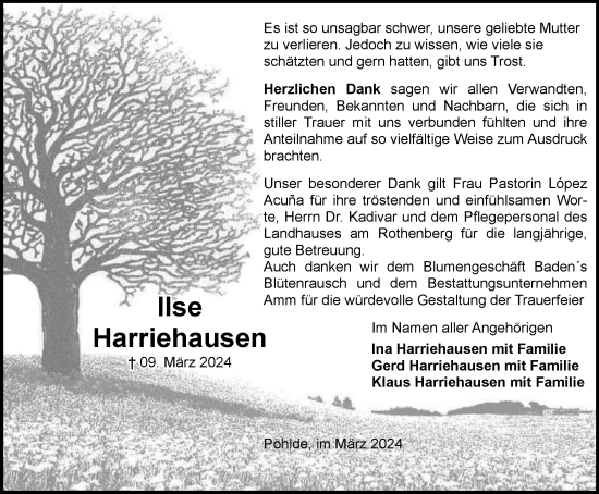 Traueranzeige von Ilse Harriehausen von Harz Kurier