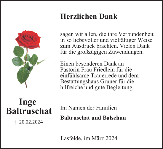 Traueranzeige von Inge Baltruschat von Harz Kurier
