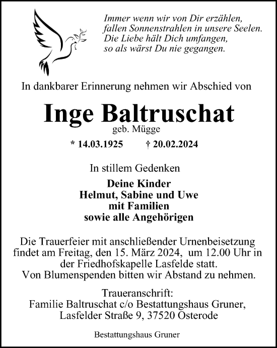Traueranzeige von Inge Baltruschat von Harz Kurier
