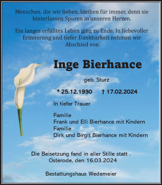 Traueranzeige von Inge Bierhance von Harz Kurier