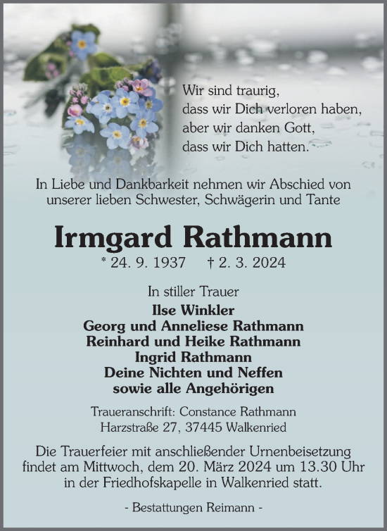 Traueranzeige von Irmgard Rathmann von Harz Kurier