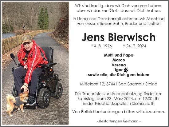Traueranzeige von Jens Bierwisch von Harz Kurier