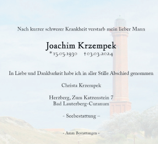 Traueranzeige von Joachim Krzempek von Harz Kurier