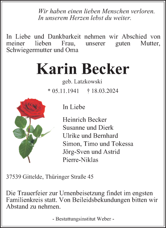 Traueranzeige von Karin Becker von Harz Kurier