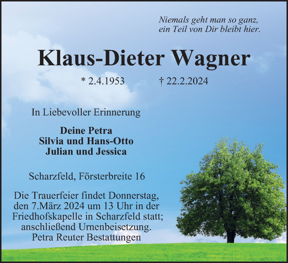  Traueranzeige für Klaus-Dieter Wagner vom 02.03.2024 aus Harz Kurier