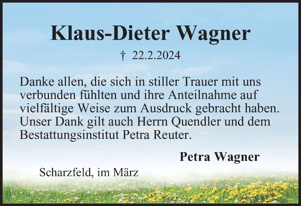  Traueranzeige für Klaus-Dieter Wagner vom 15.03.2024 aus Harz Kurier