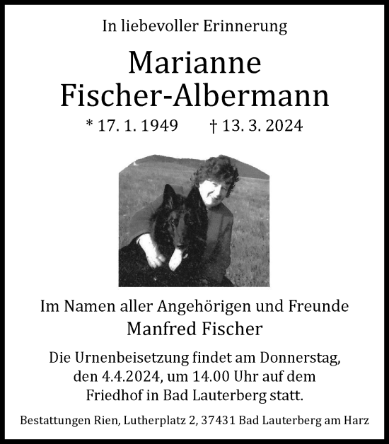 Traueranzeige von Manfred Fischer-Albermann von Harz Kurier