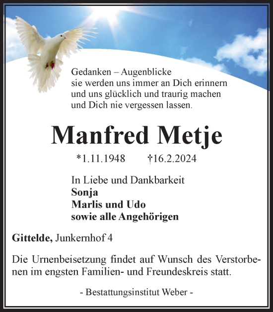 Traueranzeige von Manfred Metje von Harz Kurier