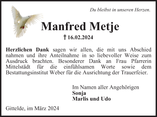 Traueranzeige von Manfred Metje von Harz Kurier