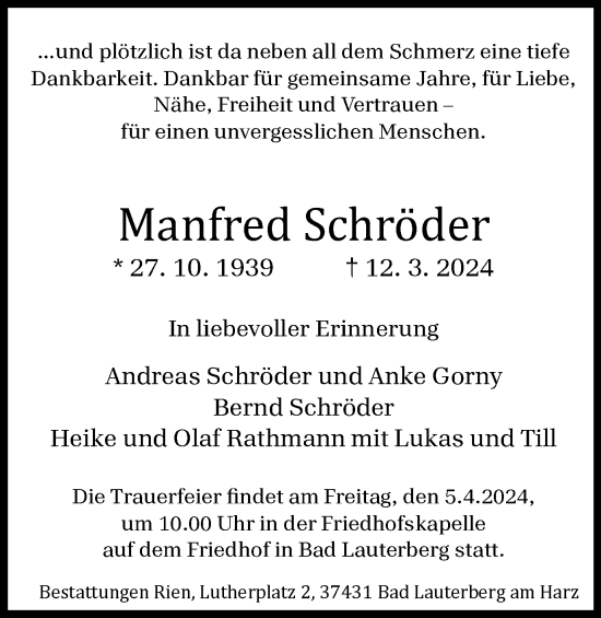 Traueranzeige von Manfred Schröder von Harz Kurier
