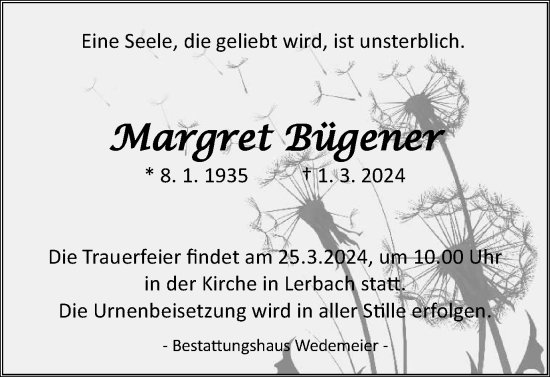 Traueranzeige von Margret Bügener von Harz Kurier