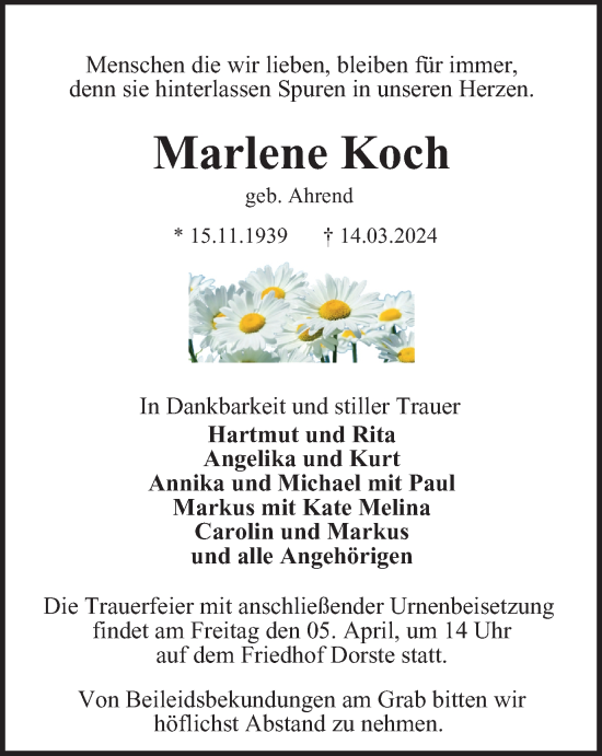 Traueranzeige von Marlene Koch von Harz Kurier