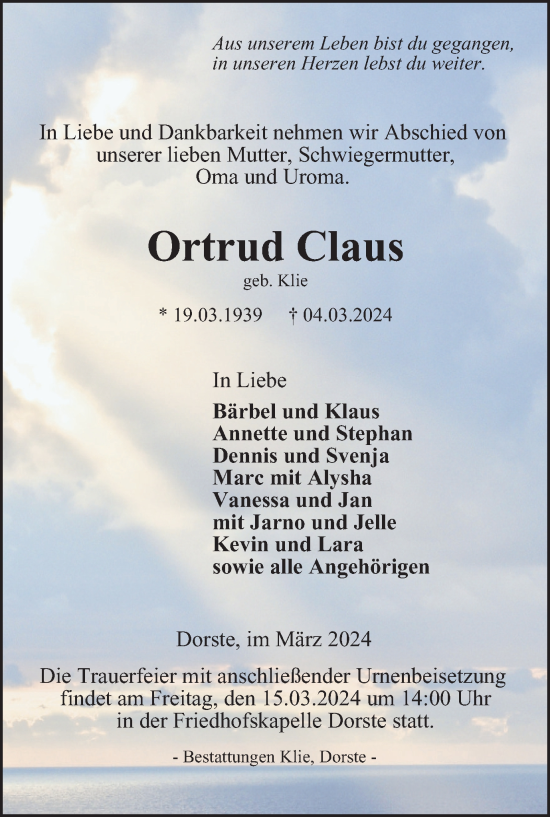 Traueranzeige von Ortrud Claus von Harz Kurier