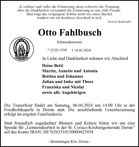 Traueranzeige von Otto Fahlbusch von Harz Kurier