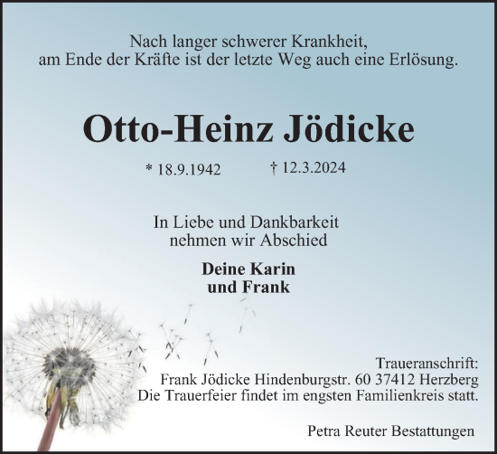 Traueranzeige von Otto-Heinz Jödicke von Harz Kurier