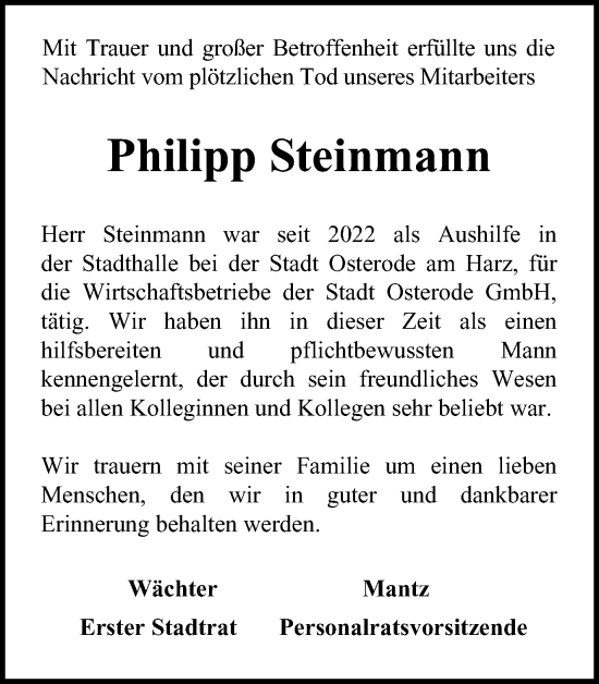 Traueranzeige von Philipp Steinmann von Harz Kurier