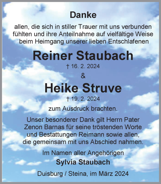 Traueranzeige von Reiner Staubach von Harz Kurier