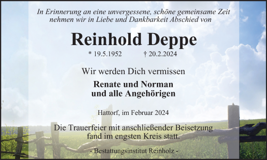 Traueranzeige von Reinhold Deppe von Harz Kurier
