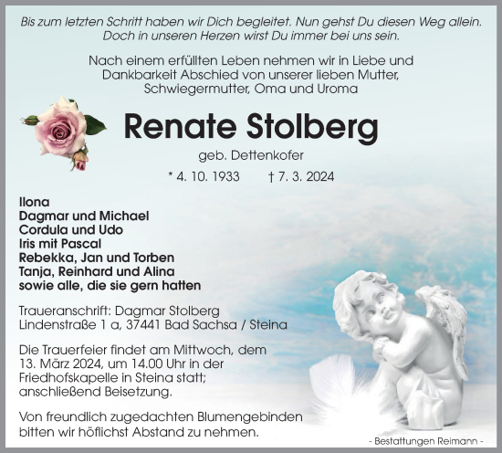 Traueranzeige von Renate Stolberg von Harz Kurier
