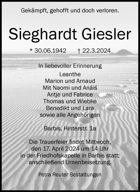 Traueranzeige von Sieghardt Giesler von Harz Kurier