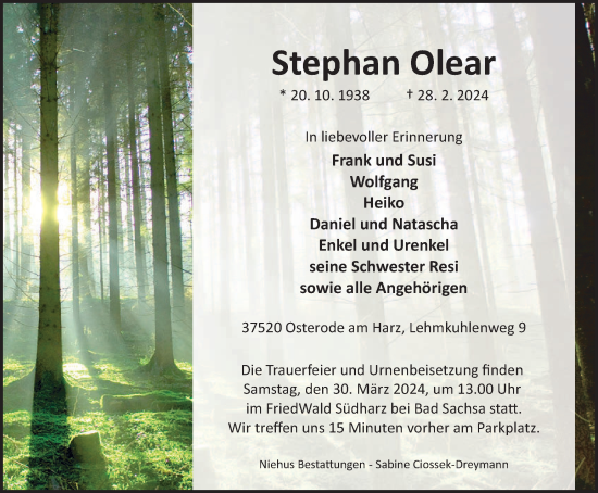Traueranzeige von Stephan Olear von Harz Kurier