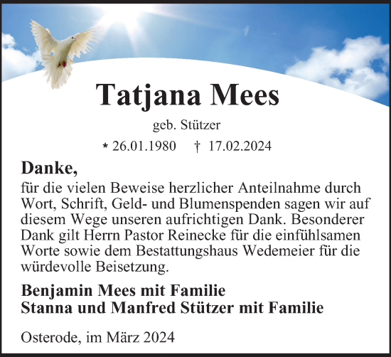 Traueranzeige von Tatjana Mees von Harz Kurier