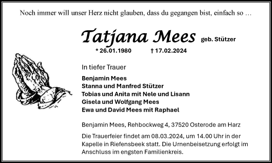Traueranzeige von Tatjana Mees von Harz Kurier
